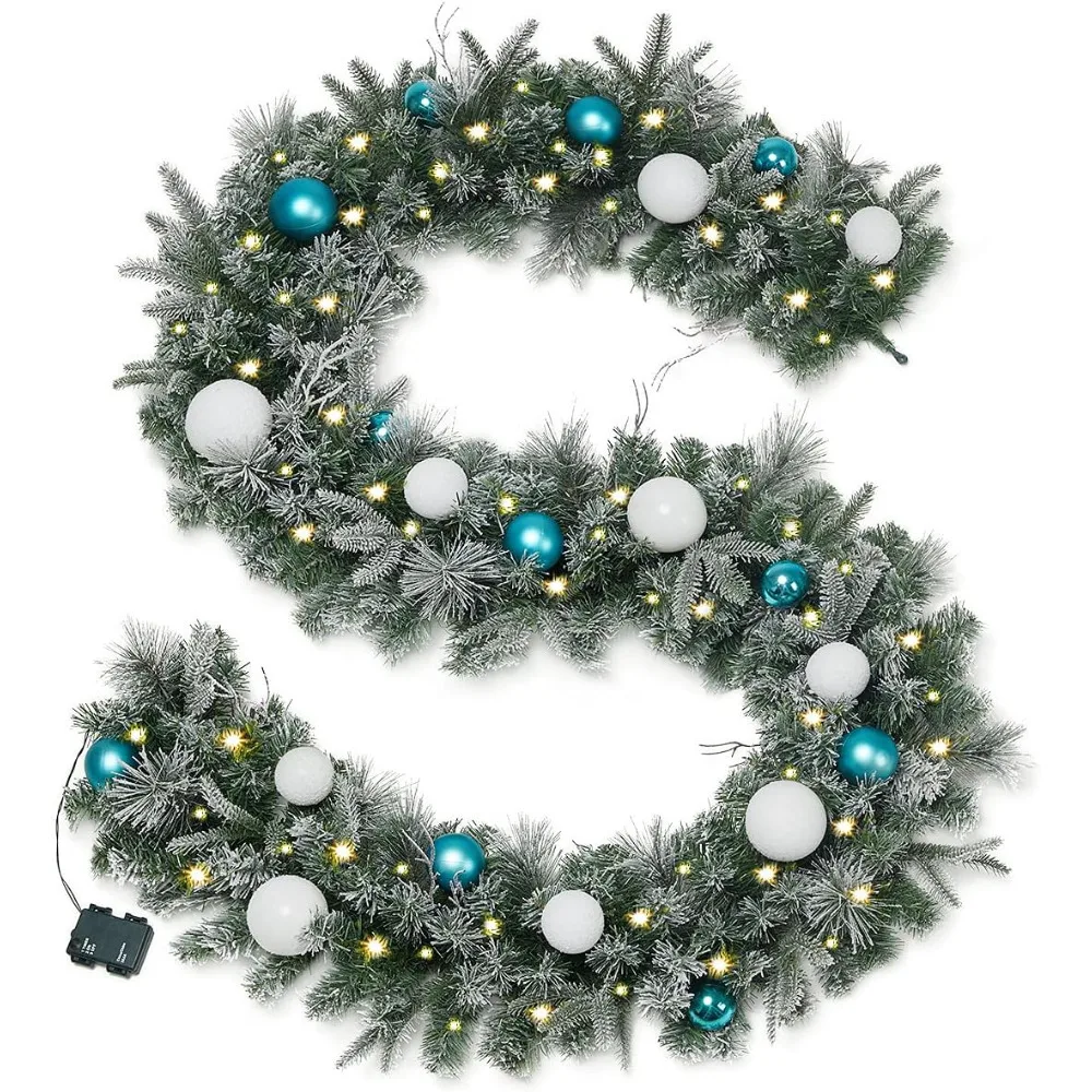 Christmas Decoration 9 FT Prelit Garlands with Timer and LED Lights, Snow Flocked Garlands with Balls Xmas Christmas Decorations