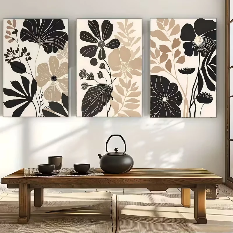 

3pcs Modern Plant Wall Art with Black Beige Floral Prints Canvas Decoration for Living Rooms Bedrooms, Kitchens and Home Offices