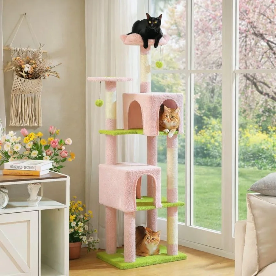 

Многоуровневая лежанка-когтеточка для кошек 62 Flower Cat Tree для крупных кошек с 2 плюшевыми домиками, мягким лежаком, когтеточками и 2 подвесными элементами