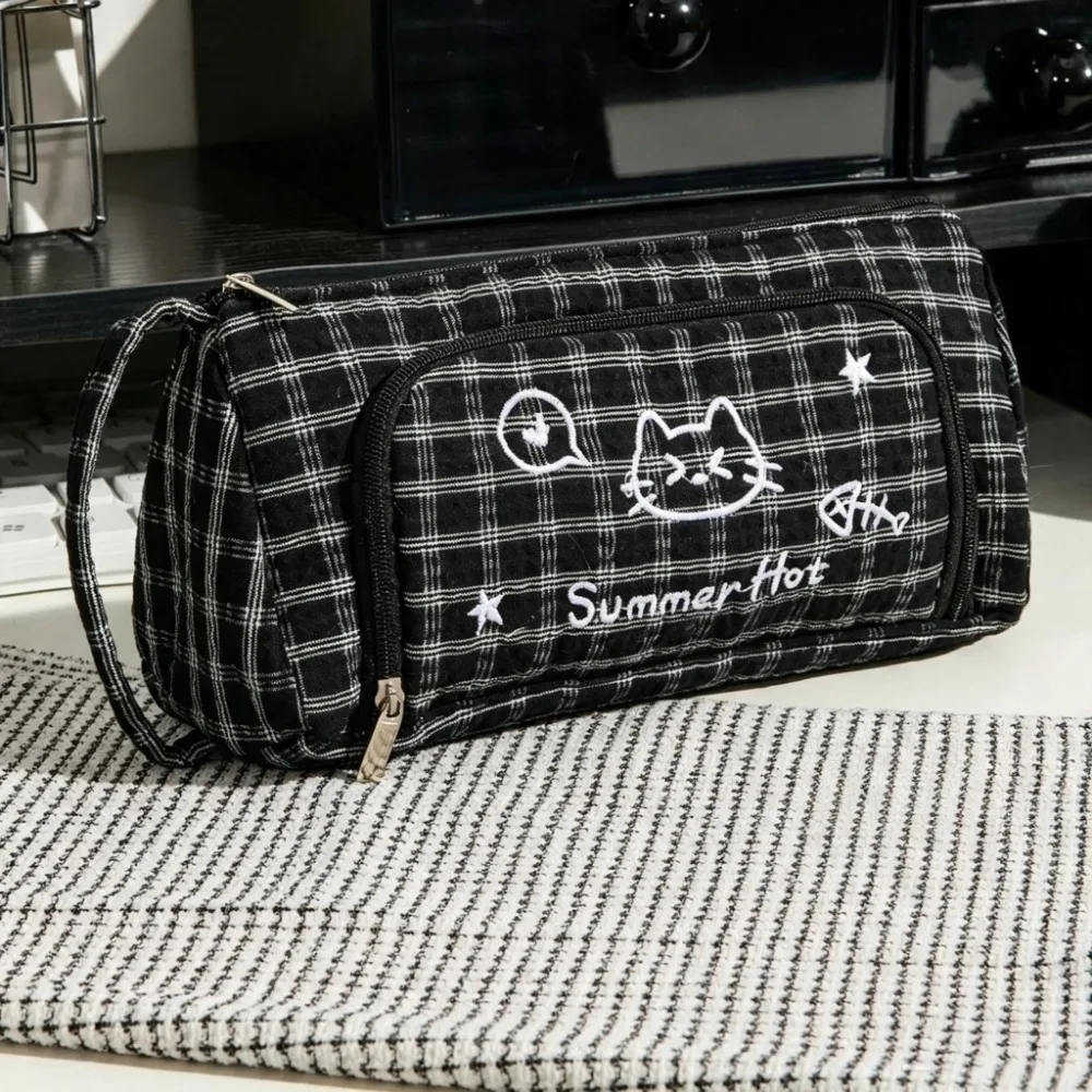 Portable Large Capacity Cat Printed Pen Pouch Multi-Layer Striped Pen Bag Embroidered Durable Stationery Storage Bag Boys Girls