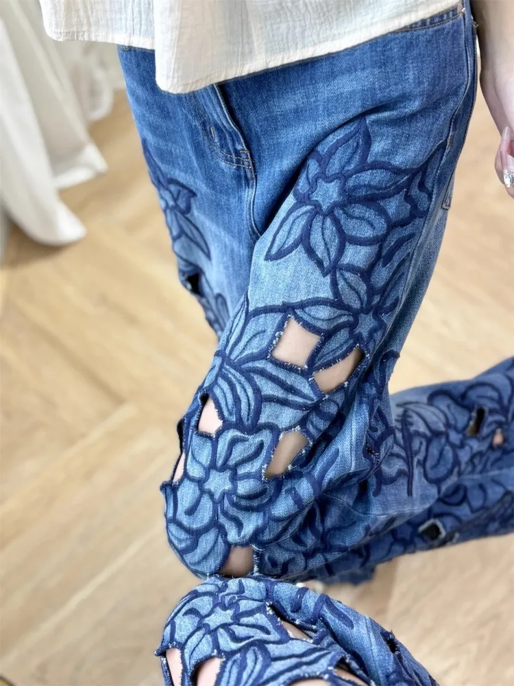 Celana Jeans Wanita Musim Panas Celana Panjang Lurus Bordir Bunga Celana Panjang Denim Pinggang Tinggi Antik Berongga Kasual Pakaian Jalanan Desainer
