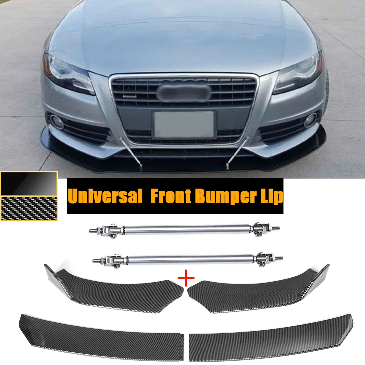 4PCS Universal Front Bumper Lip For Audi A3 A4 A5 A6 A7 B7 B8 S4 Side Spoiler Splitter Body Kit w/ Support Rod Car Accessories