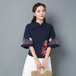 Blusa tradicional china para mujer, camisa oblicua, traje Tang de algodón Zen, cuello mandarín, Top Cheongsam, V2779