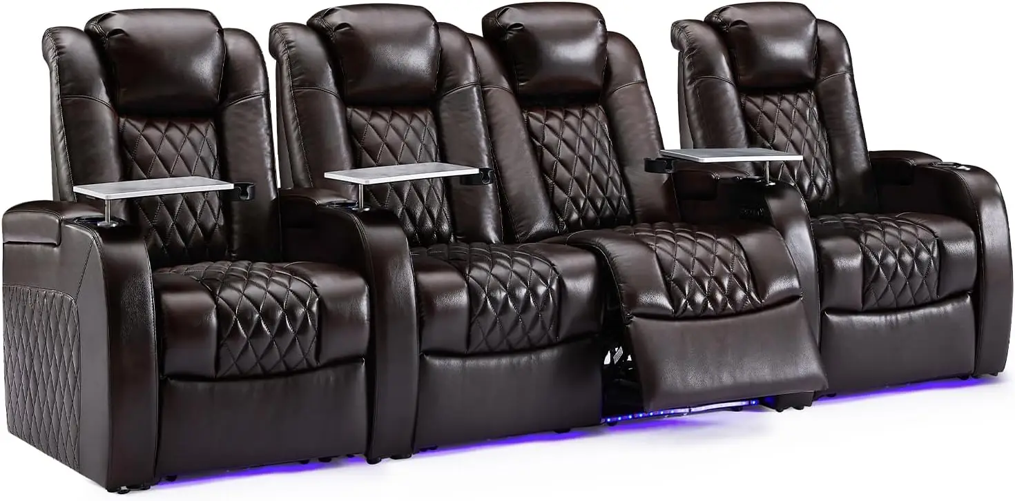 Home Theater Seating Top Grain Leather Loveseat Recliner Chair Dual Power Movie Gaming Sofa Electric Headrest