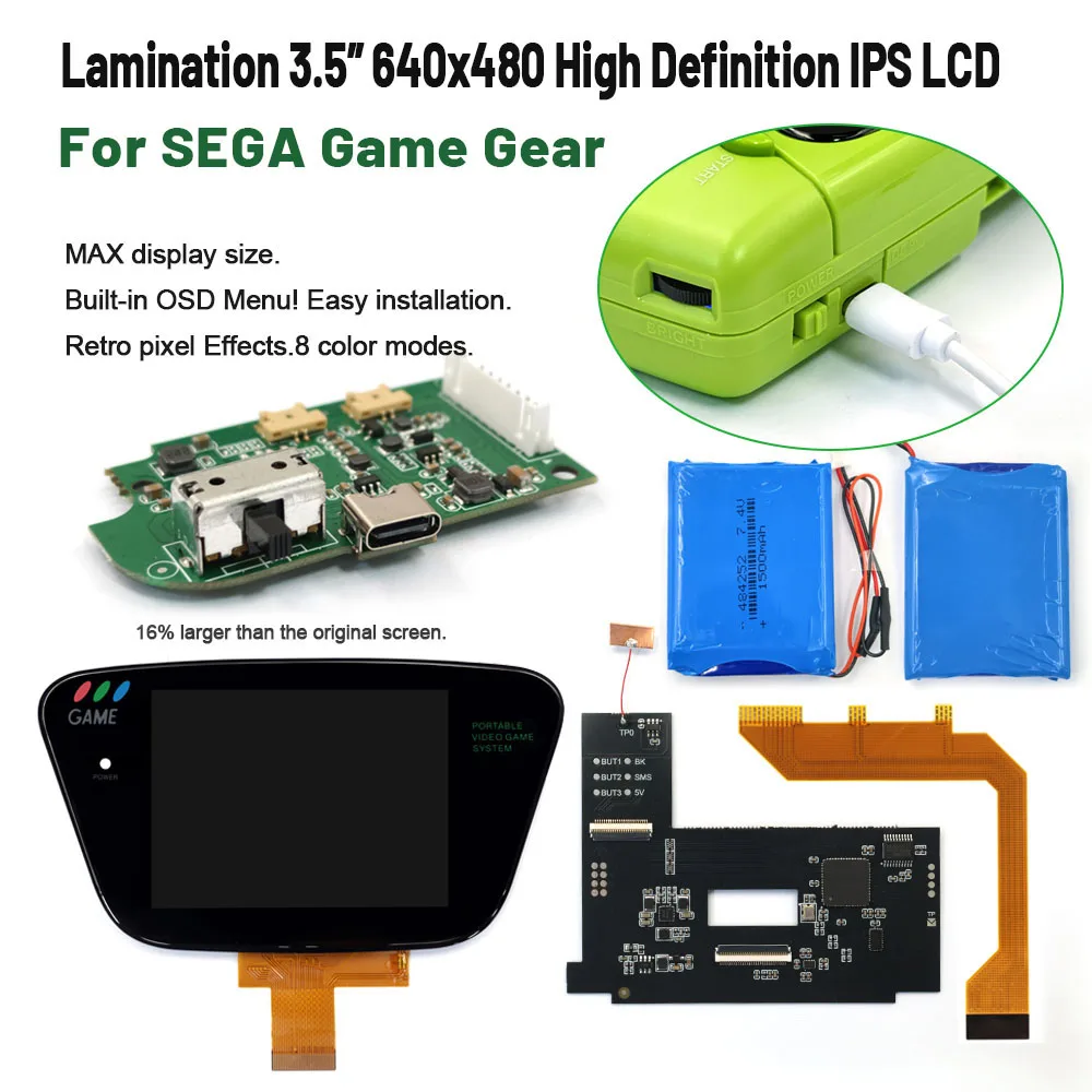 USBC Rechargeable Lithium Battery For Sega GG  backlight  LCD kit IPS Laminated LCD screen  dipslay For SEGA Game Gear  Housing view 3