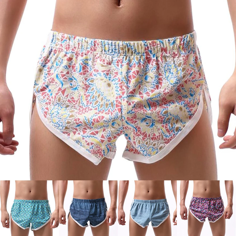 Men Print Loose Boxer Short Breathable Underwear Shorts Middle Rise Side Fork Sexy Lingerie Men's Panties