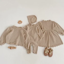 Frühling Herbst Neugeborenen Baby Lange Ärmel Einfarbig Strick Aushöhlen Overall + Hut Baby Pullover Tops Mädchen Stricken Kleid set