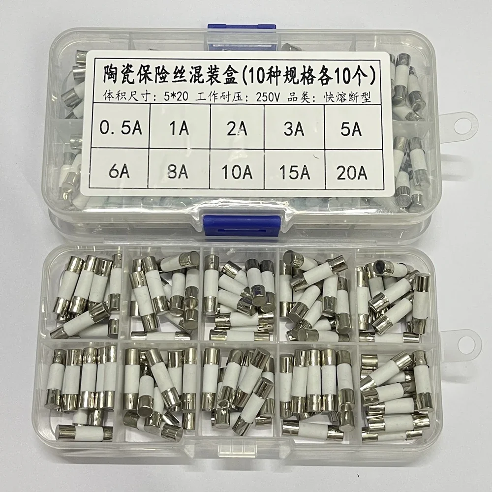 Fuse0.5A 1A เซรามิกขนาด5x20มม. 6x30มม. 250V 2A 4A 5A 6A 8A 10A ฟิวส์แก้วเซรามิก20A 100ชิ้น