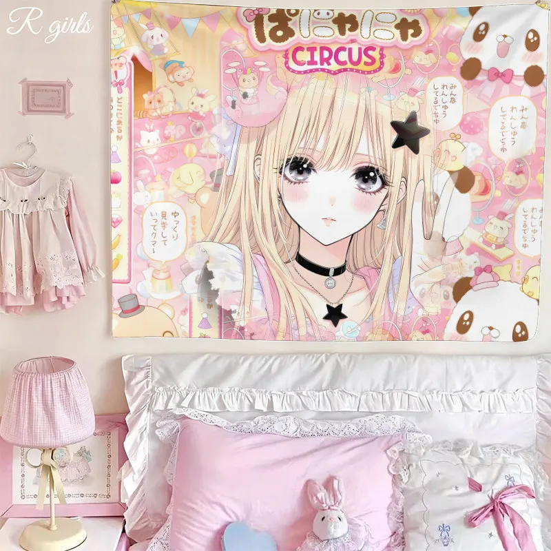 VIKAMA Kawaii Circus Anime Girl Tapestry Pink Background Wall Hanging for Girls Bedroom