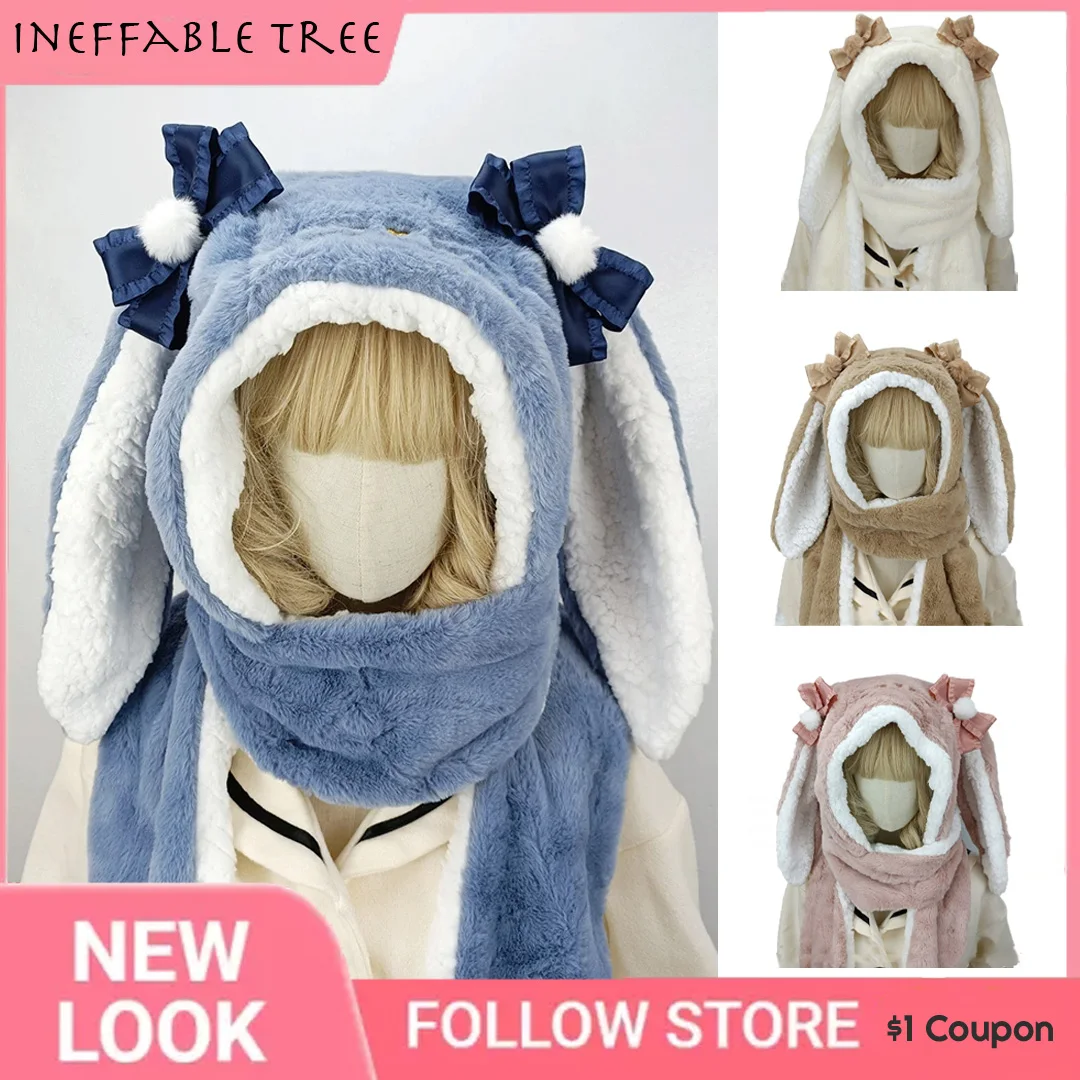 Harajuku Lolita Bunny Ears Kawaii Cute Plush Hat Scarf Gloves Cycling Cap Winter Warm Soft Thickening Pocket Hats Gorros Hooded