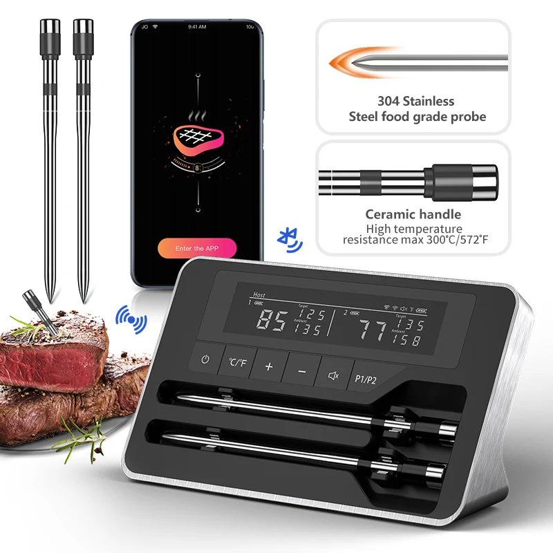 Smart Wireless Meat Thermometer with 5mm Ultra-Thin Probe, Bluetooth Meat Thermometer with Large LCD Display for BBQ Grill, Oven