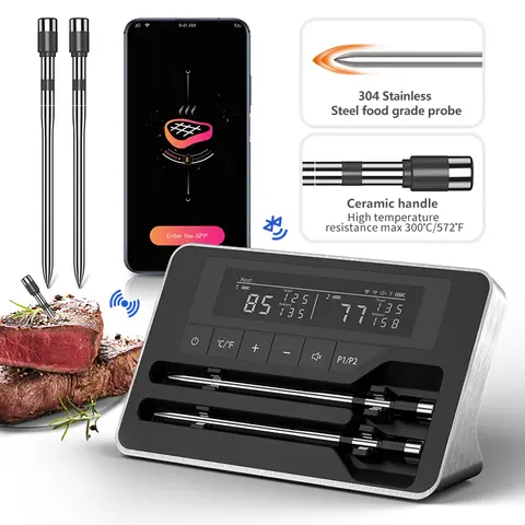 Thermomètre à viande sans fil intelligent avec sonde ultra-mince de 5 mm, thermomètre à viande Bluetooth avec grand écran LCD pour barbecue grill, four