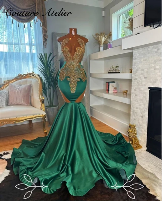 Emerald Green Mermiad Prom Dresses For Black Girls Gold Crystals Mermaid Elegant Dress Wedding Party Formal Gowns O Neck AliExpress