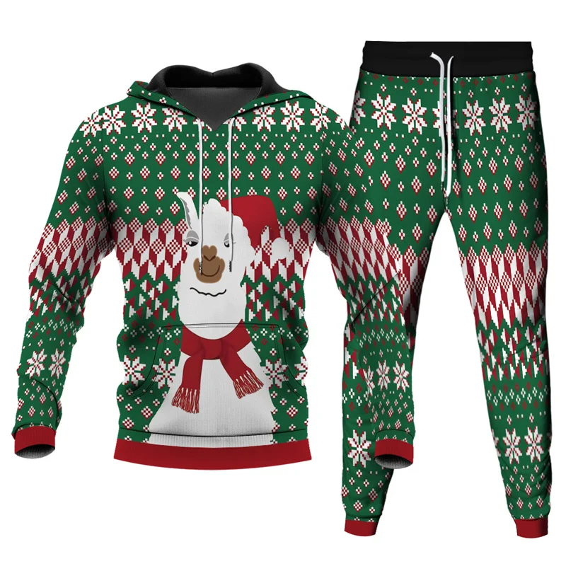 Hoodies Sets Of Clothes For Men Christmas Deer 3D Print Men Casual Pullover Oversize Loose Tracksuit Sweatshirts+Pants 2Pcs Sets