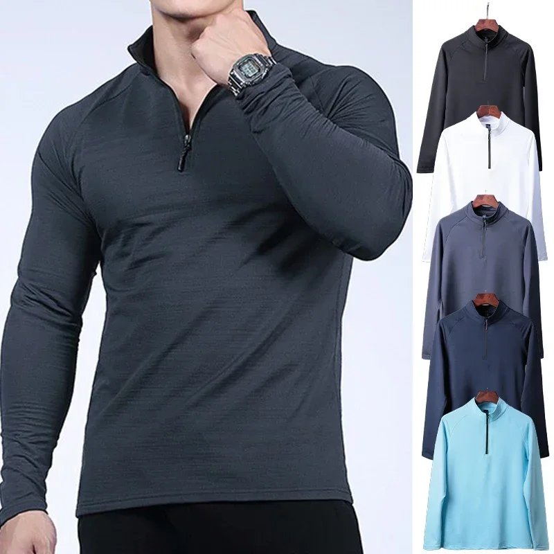 Camiseta deportiva de secado rápido para hombre, camiseta de senderismo y Trekking al aire libre, ropa de entrenamiento para correr con media cremallera