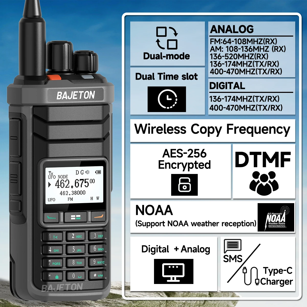 BAJETON DM-5000 DMR Walkie Talkie AES-256 Encryptografia Dual Time Slot Digital Analógico SMS NOAA TYPE-C Carregador Para RT-4D Ham Radio