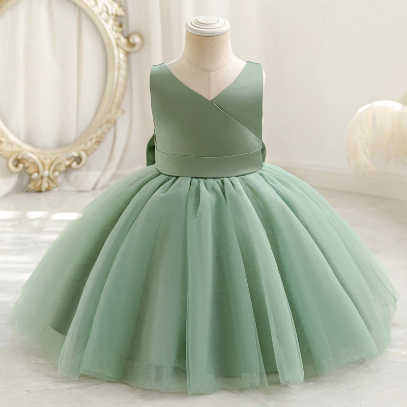 Baby Kids Green Lace Dresses For Children Girl Sleeveless Princess Gown Birthday Party Flower Girls White Dress