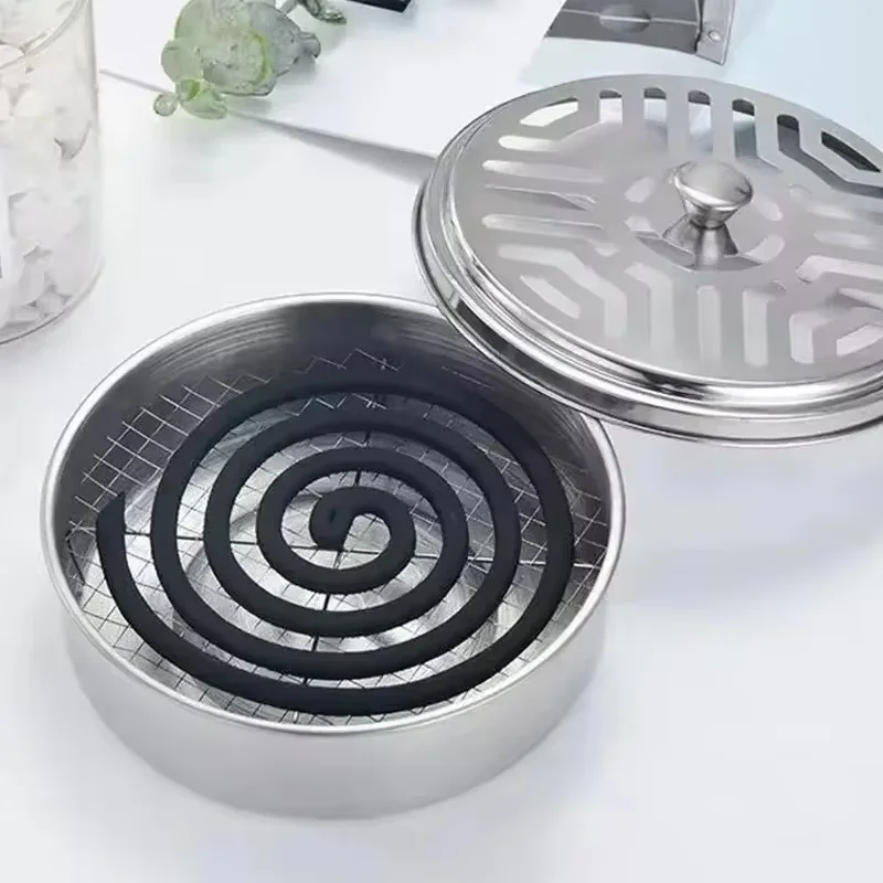 Suporte para espirais anti-mosquitos, caixa de espirais anti-mosquitos em aço inoxidável com tampa, bandeja redonda para espirais anti-mosquitos, fácil de limpar, suprimentos anti-mosquitos