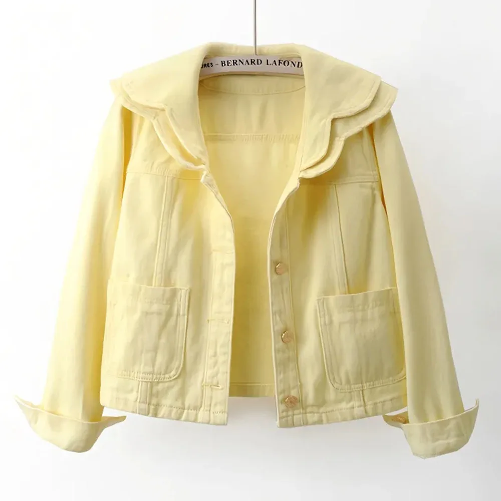 Autumn New Jacket For Women Korean Style Double Layer Peter Pan Collar Ladies Jean Coat Solid Color Casual Short Denim Jackets