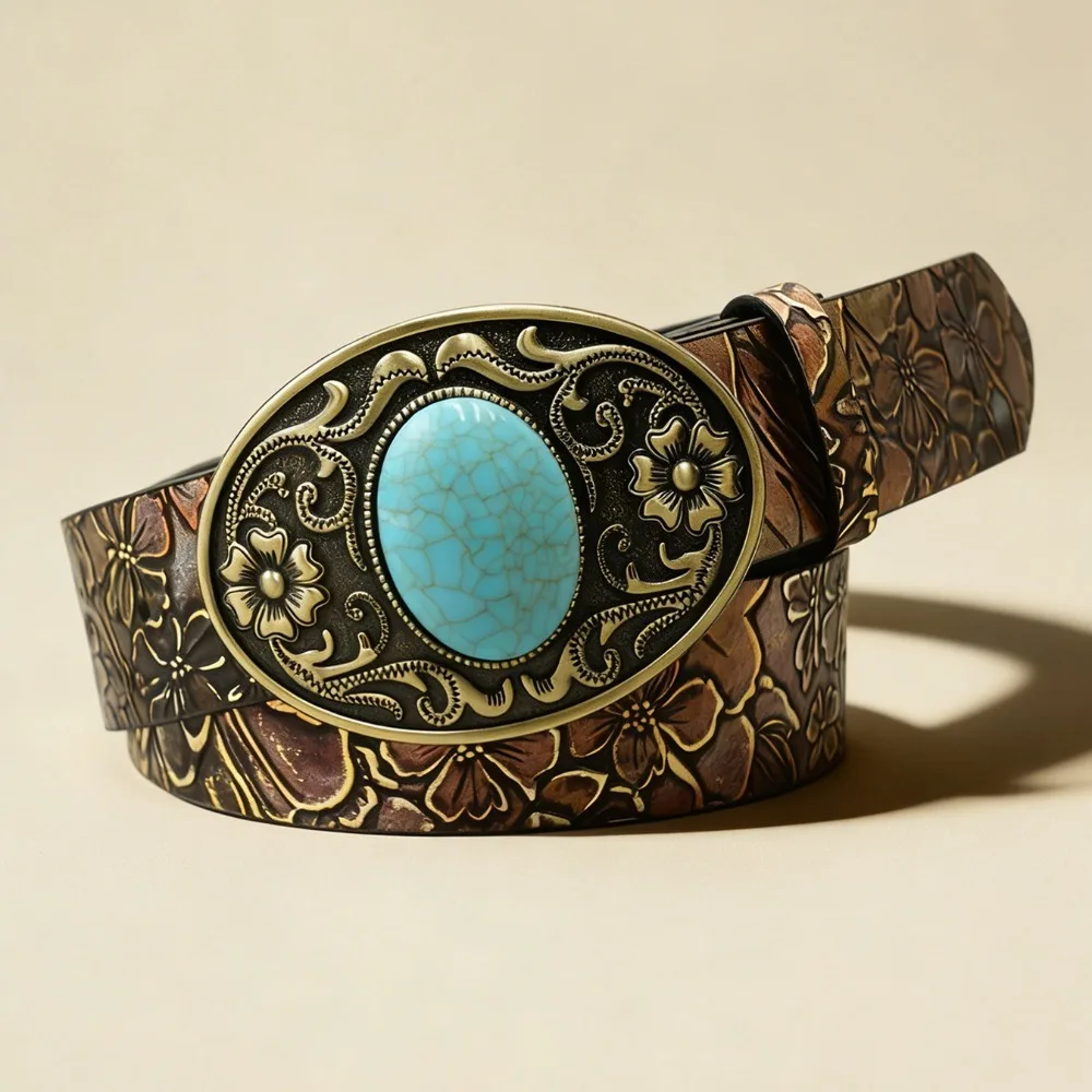 Elegant PU Leather Ethnic Waist Belt Retro Antique Bronze Buckle Floral Embossed Belt Vintage Western Cowgirl Belt Dress Jeans