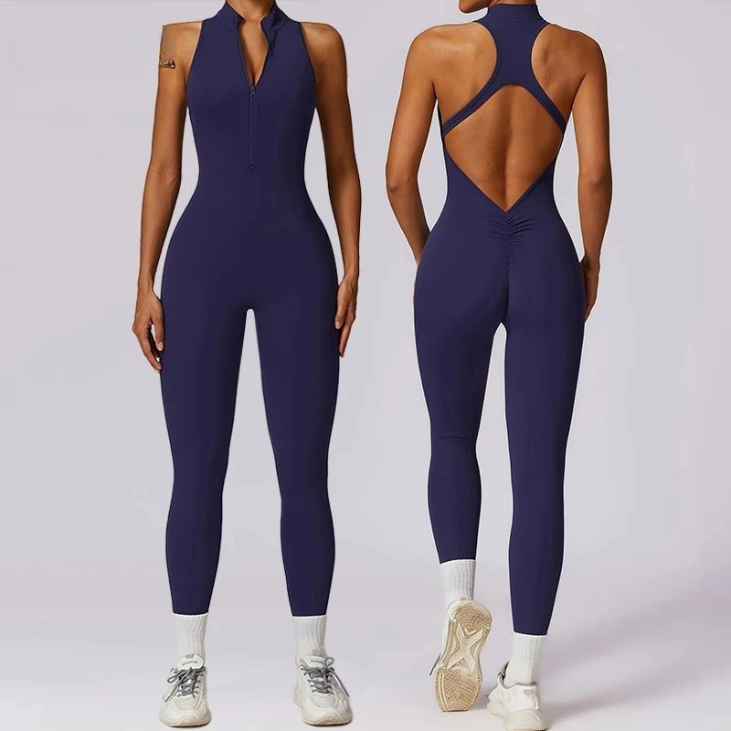 V Back One-piece Suit Women Sports Jumpsuit  Zippers Yoga Rompers Backless Sportswear Women Sleeveles Workout Bodysuits Female