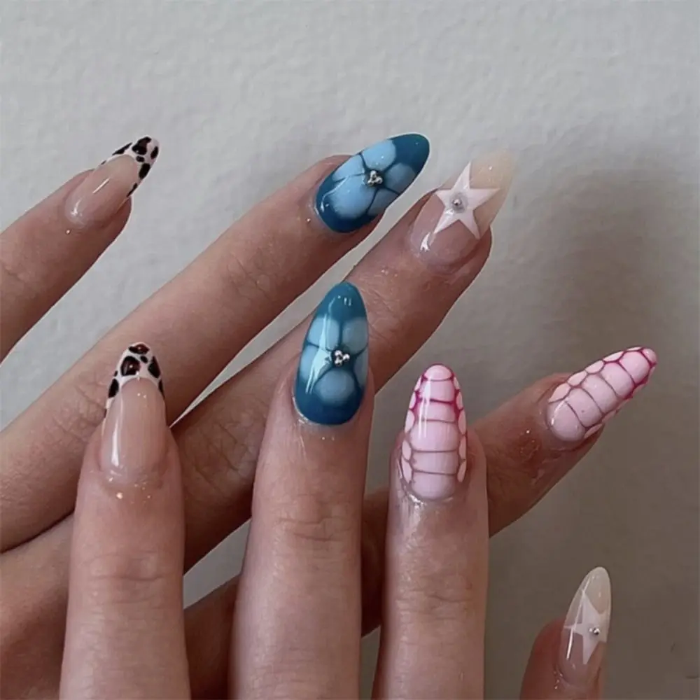 24 Uds manicura uñas postizas largas de almendra francés Rosa Re patrón de cocodrilo uñas postizas lámina dorada Irregular puntas de uñas desmontables DIY
