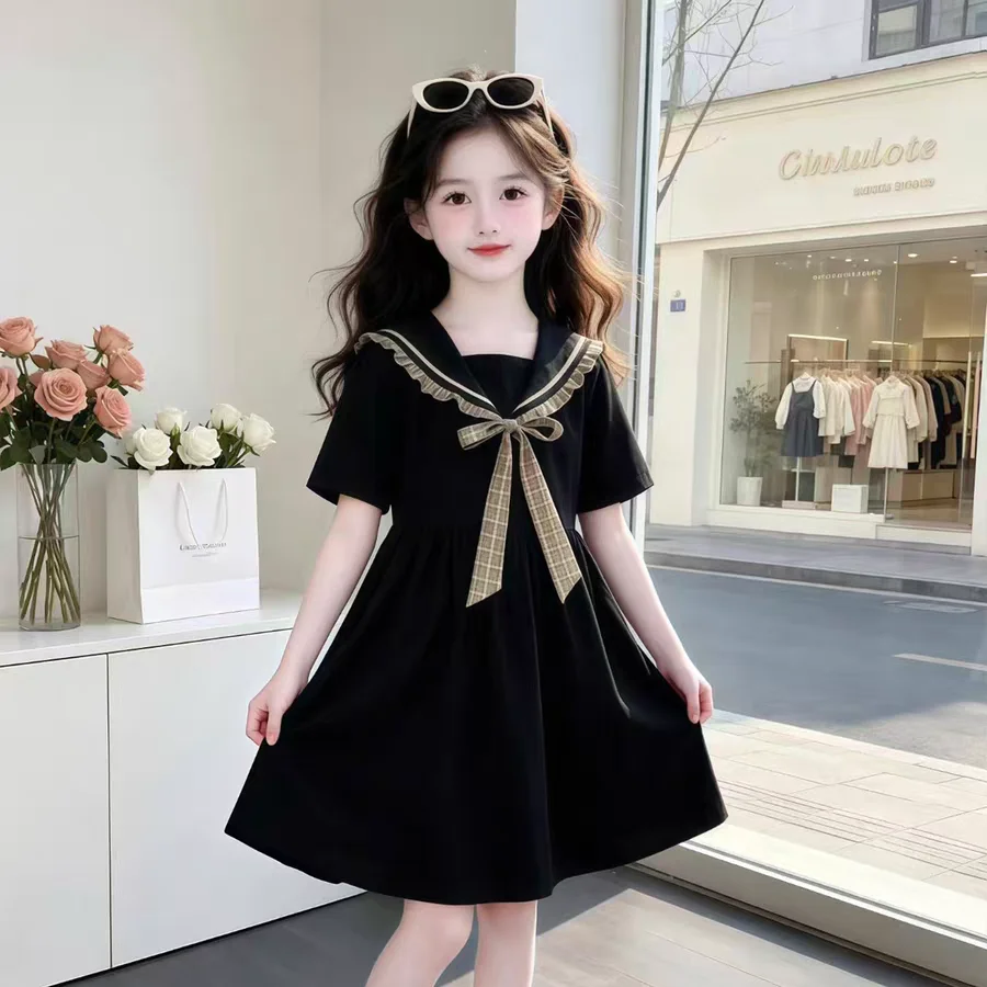 School Kids Summer Short Sleeve Dress with Bow for Girl High Fashion Preppy Outfit Japan Korean Child JK Clothing Black Dresses