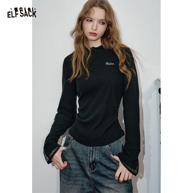 

ELFSACK 2025, зимние новые поступления, повседневная элегантная однотонная базовая футболка с длинными рукавами и кружевной отделкой для женщин