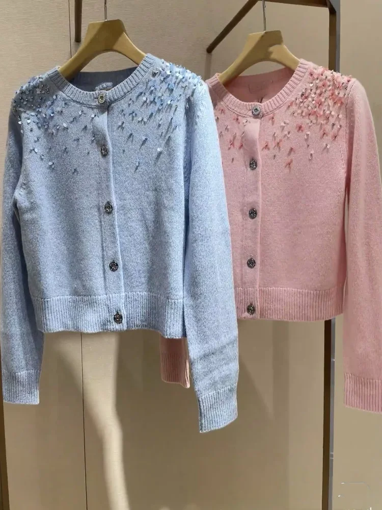 Ele ort Sve Suéter de punto para mujer Slim Fit redondo Ne Glitter Top Versión de gama alta Euro Sle Heavy Du Sweet Sof...