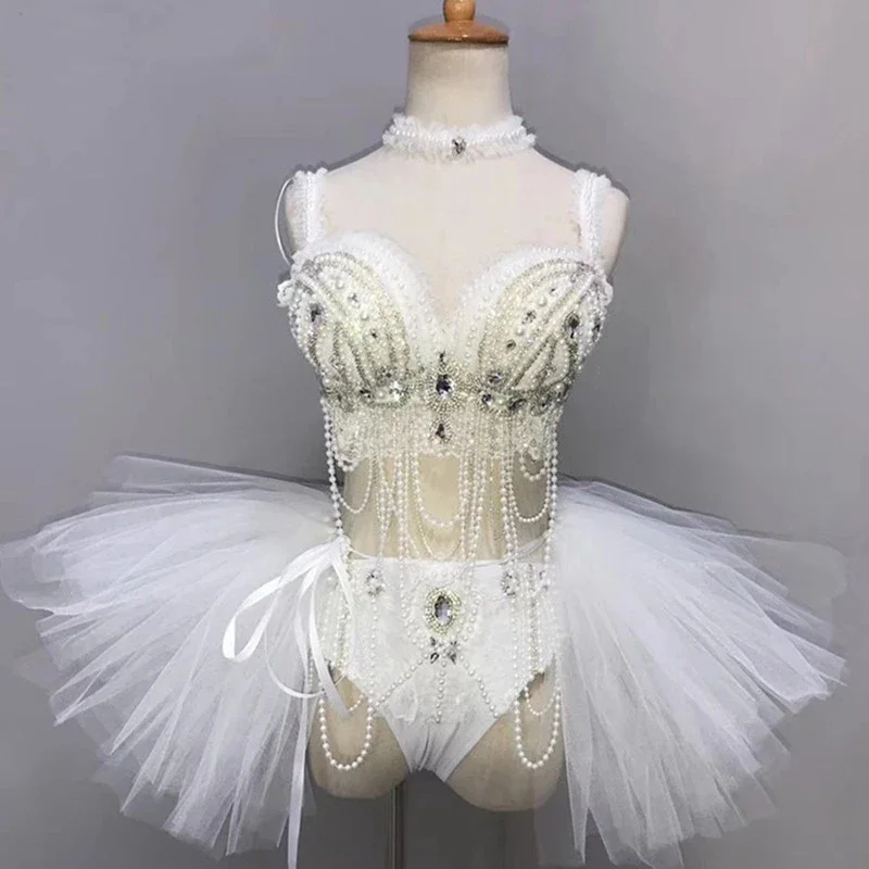 White Bead tassel Bodysuit Skirt Female Bar Party Celebration Performance Costume Nightclub DJ Singer Stage Dance Dress tutu Set