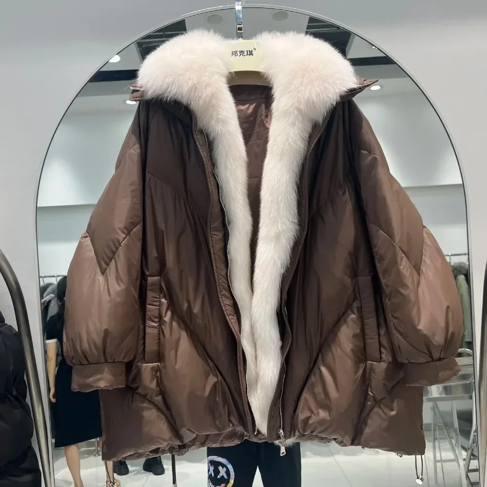 2025 Women Puffer Coat Real Natural Fox Fur Winter Loose Warm Puffer Coat Female Thick Mid-Long Parkas White Goose Down Jacket