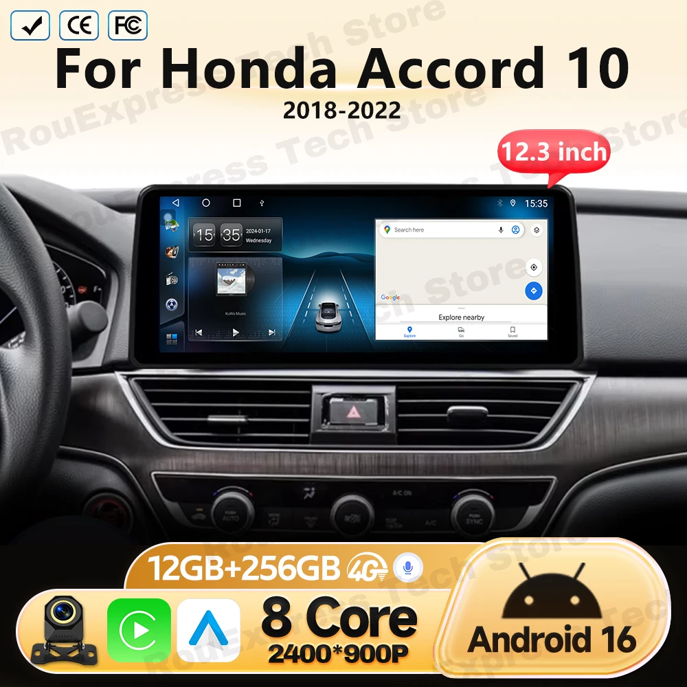 12.3 Inch Carplay For Honda Accord 10 2018 2019 2020 2021 2022 Head Unit Android Car Radio Multimedia Video Player Navigation BT