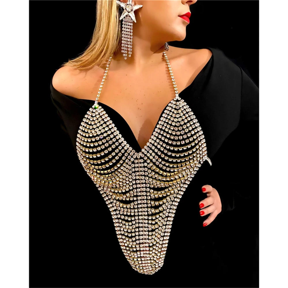 

Shiny Long Tassel Chest Chain Sexy Accessory Rhinestone Bra Chain Bikini Body Jewelry Women Harness Swimsuit Clothing Wholesale