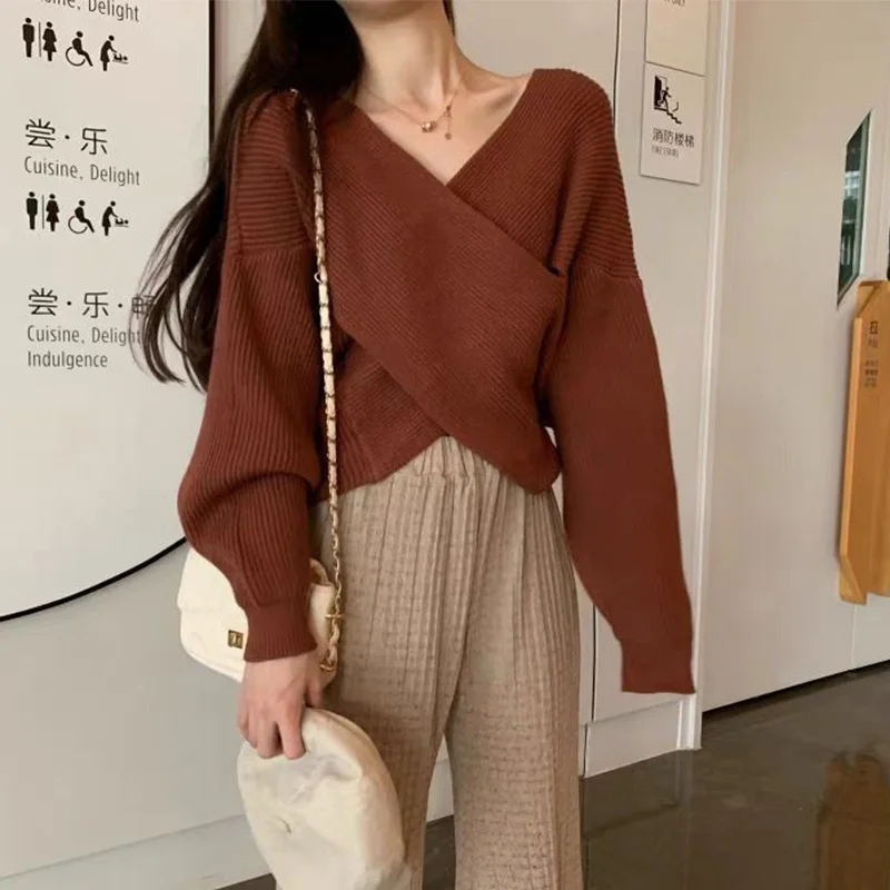 Female Preppy Style Irregular Solid Color Knitting V-neck Puff Sleeve Pullovers Autumn Sweet Hollow Out Loose Sweater Women\'s