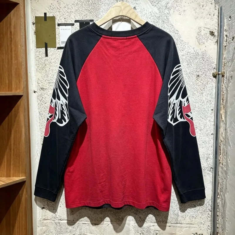 High Street American Casual Loose Black Patchwork Long Sleeved Red Waffle Round Neck Sweatshirt Men Women Satoshi Pullover Tops