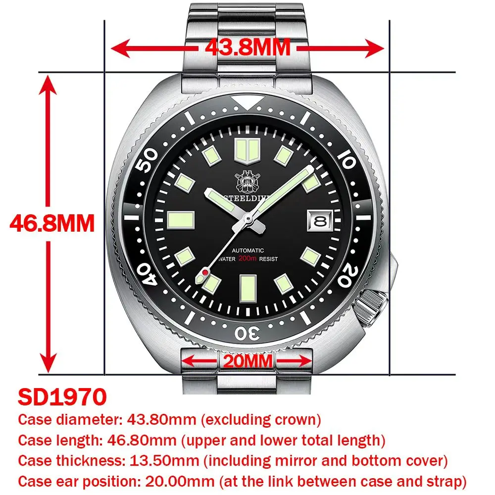 Steeldive sd1970 fundo de data branca 200m revestimento ar à prova de água vidro safira nh35 6105 tartaruga relógio mergulhador automático