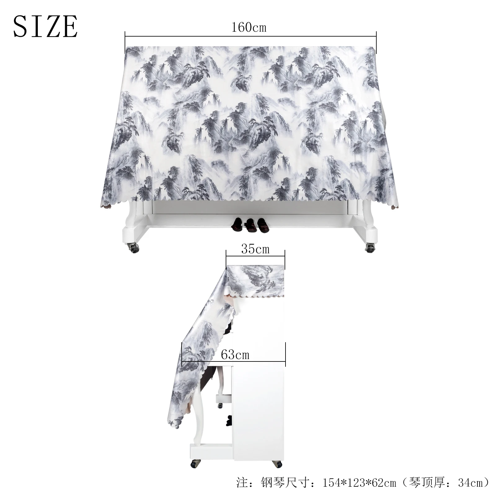 88‑Key Upright Piano Half‑Cover Ink Wash Mountain Pattern Piano Dust Cover Protective Cloth for Household Piano Performance Use