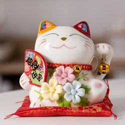 5.2 Inch Ceramic Maneki Neko Money Box Flower Lucky Cat Ornament Desktop Decoration Centerpiece Fortune Cat Piggy Bank Figurine