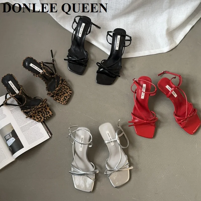 New Fashion Square Toe Sandals Women High Heels Sexy Ladies Shoes Narrow Band Bow Knot Gladiator Sandals Party Ankle Strap Shoes