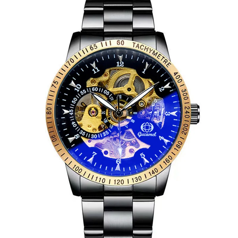 

Luxury Automatic Mechanical Watch for Men Classic Black Iridescent Dial Gold Business Wristwatch Waterproof