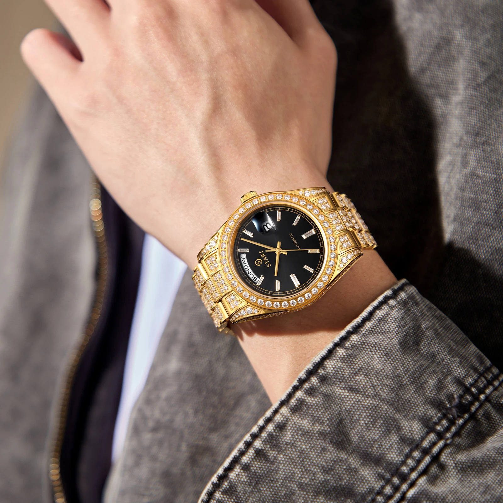 

【START】Мужские часы, швейцарские автоматические механические часы с бриллиантами, водонепроницаемые часы с пряжкой-бабочкой и датой, дня, золотые часы