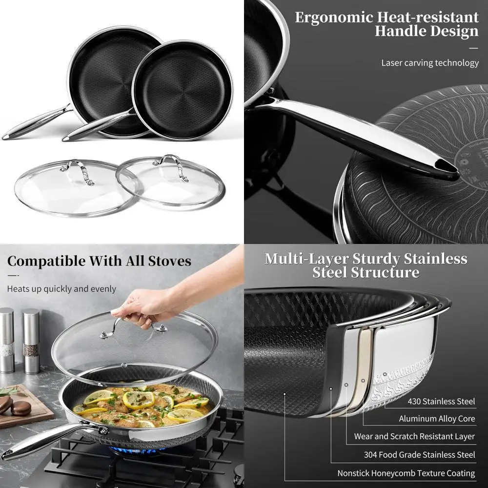 

Набор сковородок из нержавеющей стали с антипригарным покрытием, 10 и 12 дюймов с крышками, безопасный для приготовления пищи, титановое керамическое покрытие, большая кухня