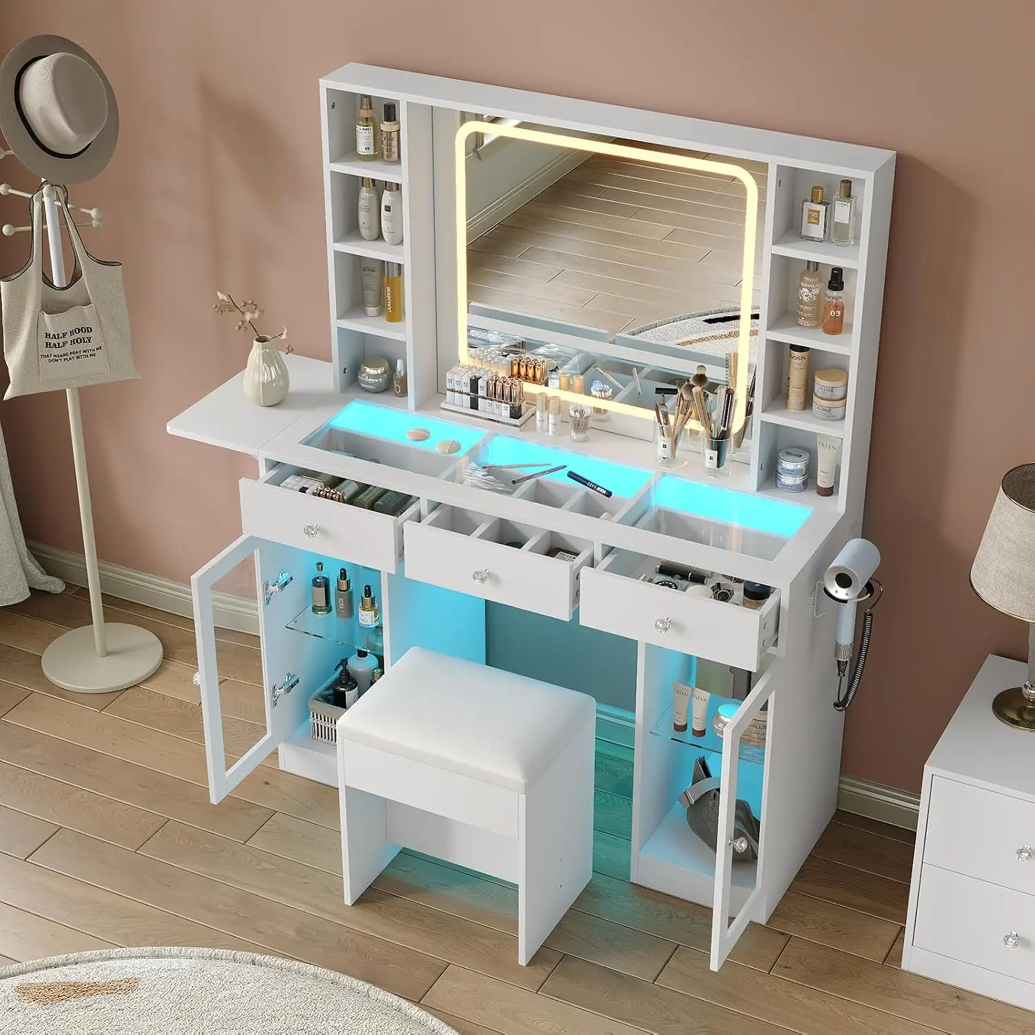 Makeup Vanity with LED Mirror, RGB Lighted Vanity Desk with Charging Station, 3 Drawers & 2 Glass Cabinets, Fold-up Panel