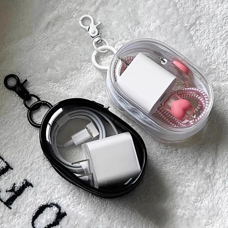 1Pc Round Black PVC Transparent Cosmetic Bags Jewelry Organizer Portable Data Cable Earphone Coin Charger Storage Pouches