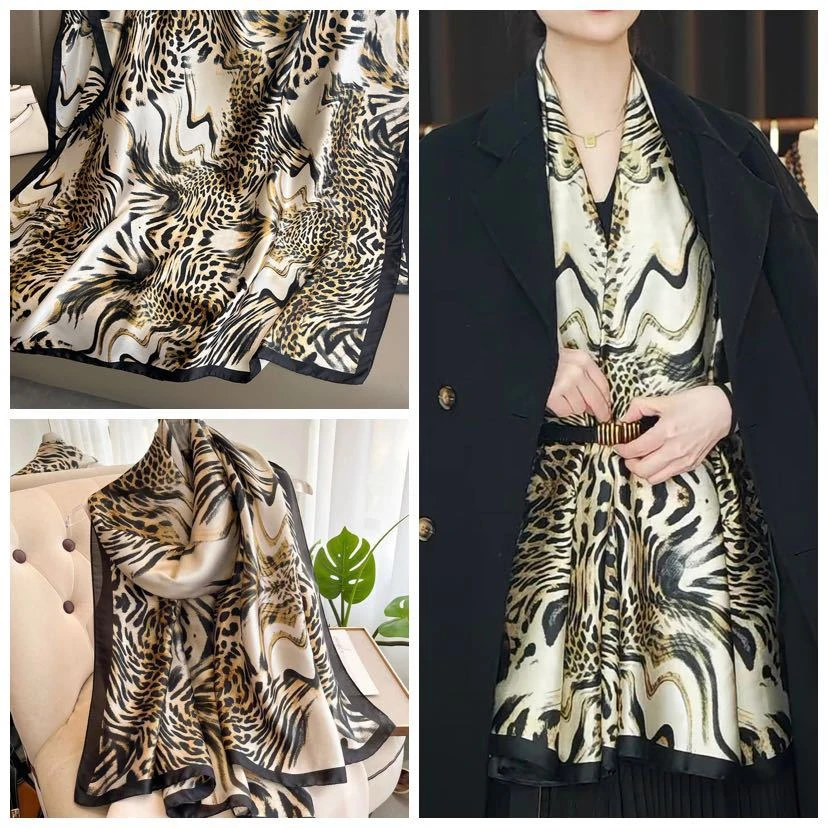 Luxury Leopard Print Oversized Scarf Vintage Imitation Silk Shawl Scarf Women Windproof Outdoor Head Wrap 180*90cm