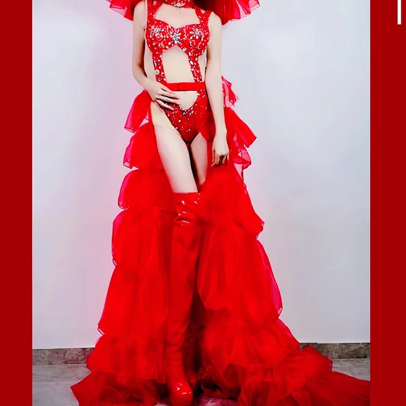 Sexy drążone body z kryształami górskimi ubrania do tańca do klubu nocnego Bar Gogo Dancewear Drag kostium królowej strój karnawałowy VDB6751