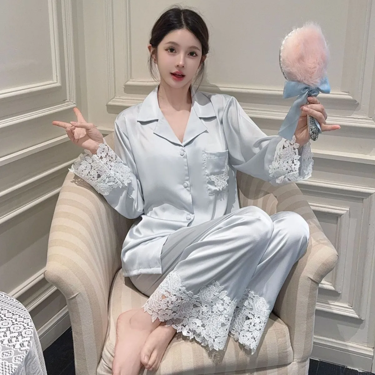 

Female 2PCS Pajamas Set Sleepwear White Patchwork Lace Night Wear Trouser Suits Loungewear Loose Casual Ice Silk Homewear Pyjama
