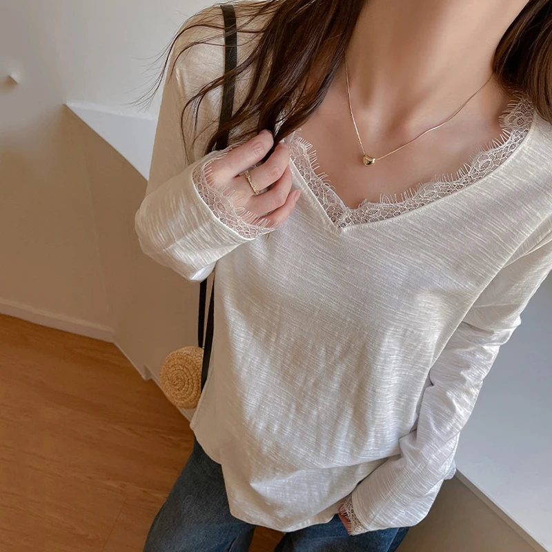 Sexy Lace Patchwork Long Sleeve Tshirt Women All Match Loose V Neck Pullover Woman Spring Autumn Basic Solid Color Tops Ladies