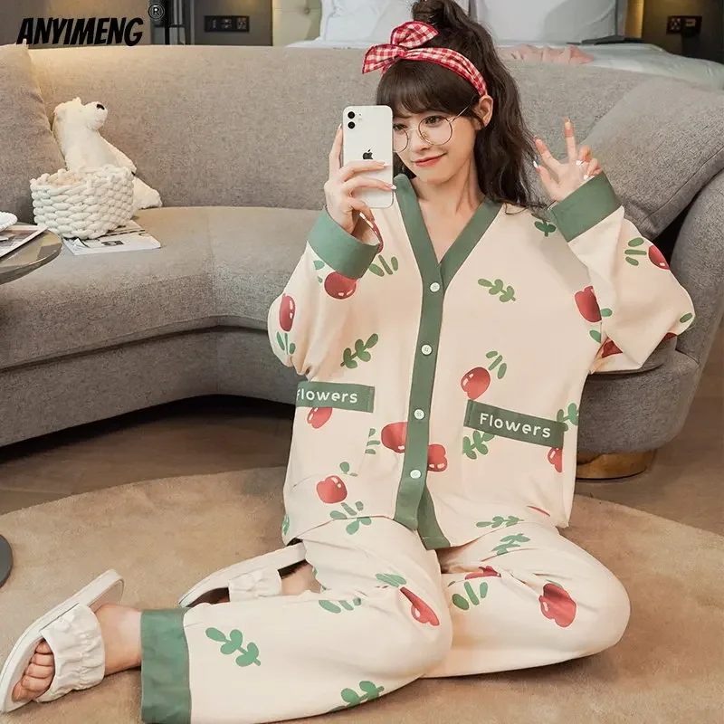 Autumn Woman Cotton Sleepwear Kimono Cardigan Pijamas Set for Women Fashion Tulip Printing V-neck Girls Pyjamas Elegant Lingerie