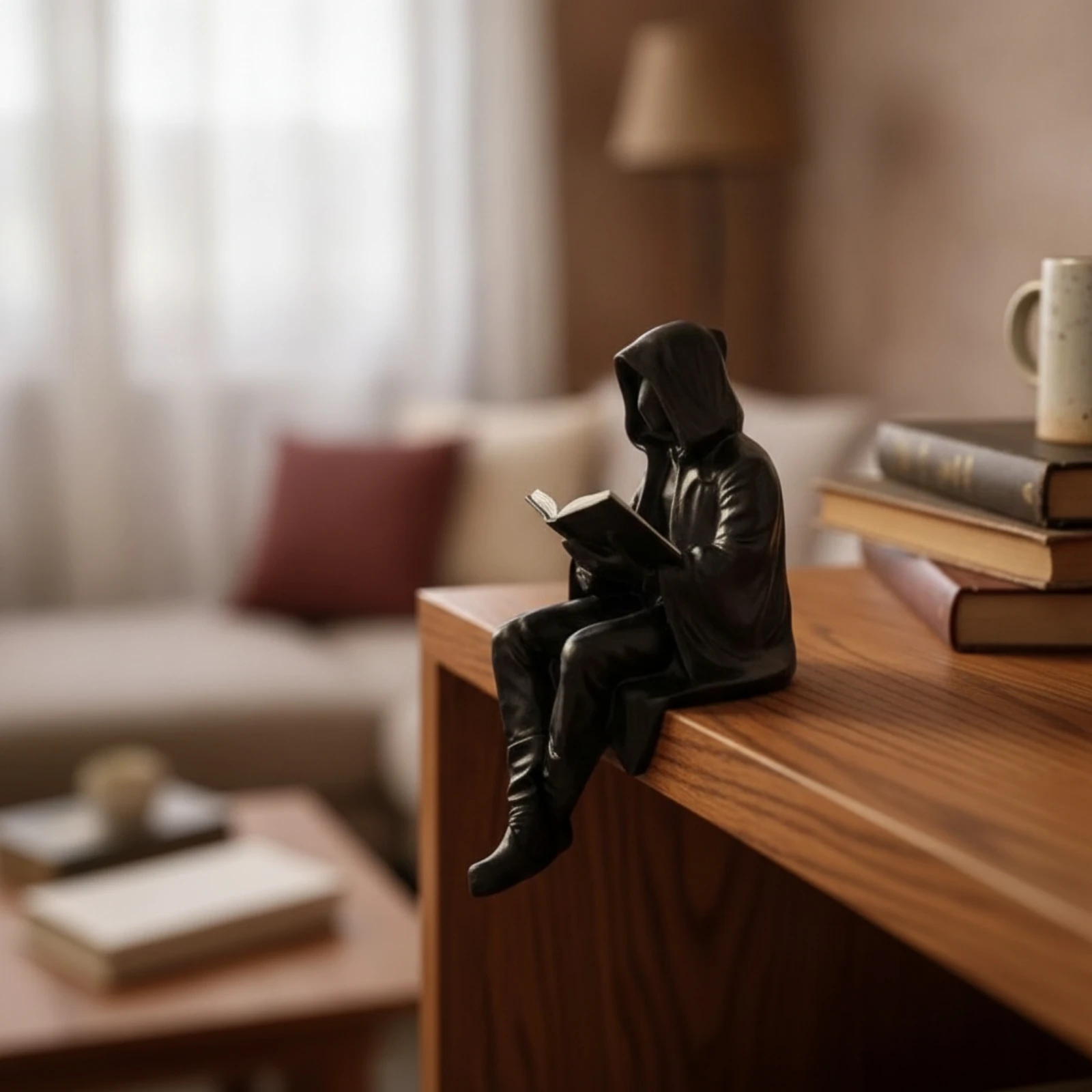 Seated Figurine with Book Dark Fantasy Hooded Figure Figurine Shelf Sitter Gothic Statue Antique Black for Collectors, Bookshelf view 5